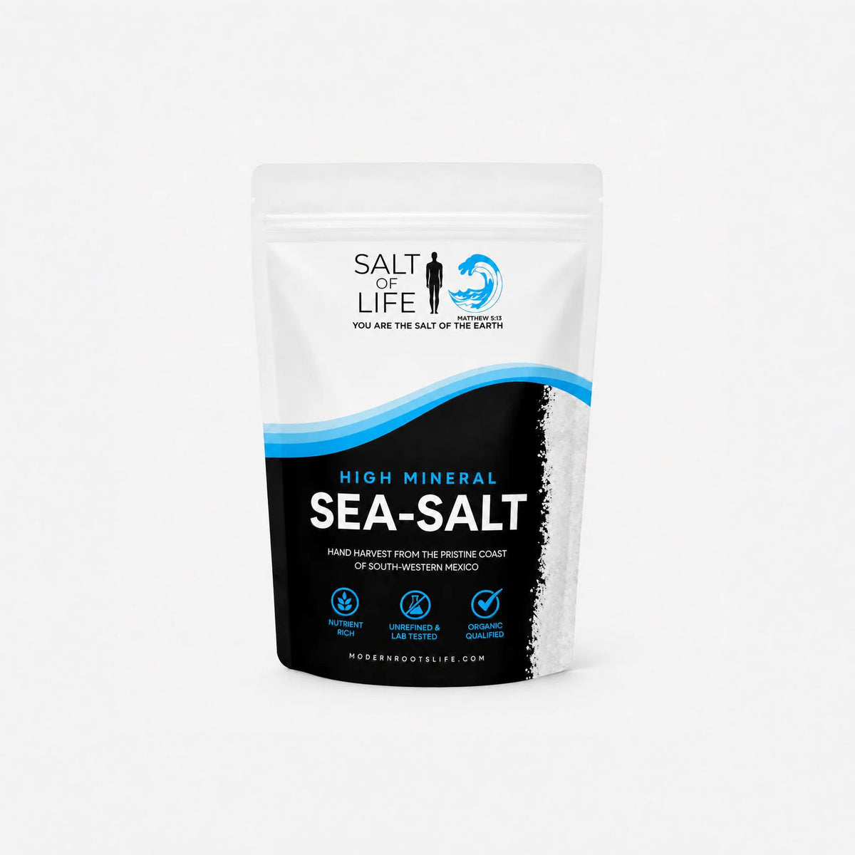 Salt of Life High Mineral Sea-Salt pouch, hand harvested from the coast of south-western Mexico, on a light grey studio background