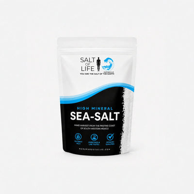 Salt of Life High Mineral Sea-Salt pouch, hand harvested from the coast of south-western Mexico, on a light grey studio background